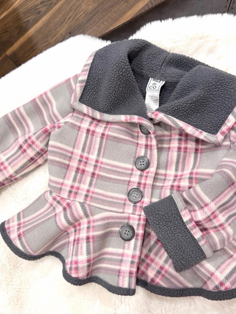 Size 2 Girls Plaid Peplum Jacket with Sherpa Collar - Pink & Gray